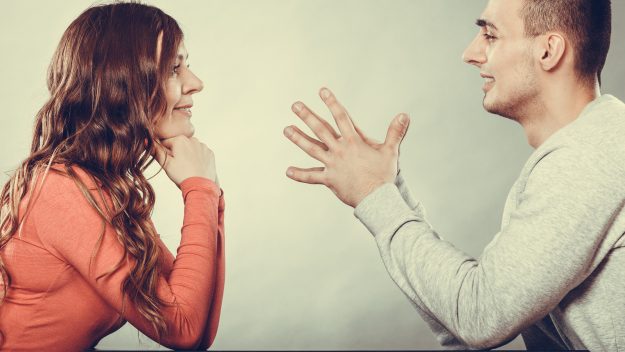 Happy Couple Talking On Date. Conversation.